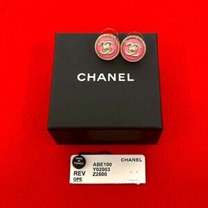 Chanel CC Logo Turnlock Motif Plastic Earrings Gold X Pink